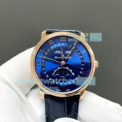GR Factory Swiss Copy Blancpain Villeret Rose Gold Moonphase Blue Dial Watch 